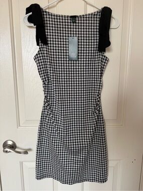 Wild Fable NWT Black & White Gingham Check Bow Tie Shoulder Mini Dress XS